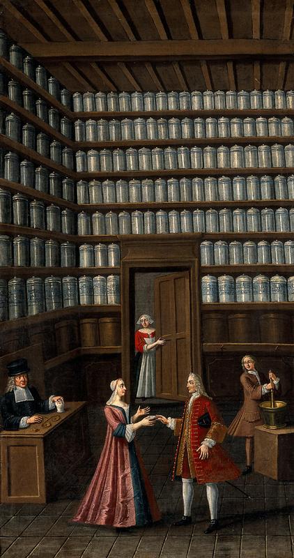 A pharmacy. Oil painting by a French painter, ca. 1700.jpg