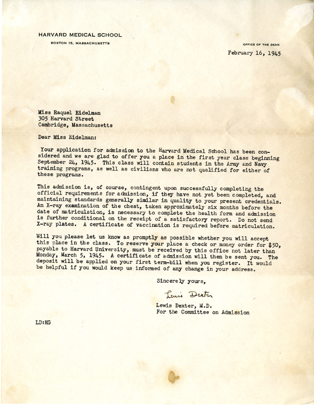 Raquel E. Cohen's Letter of Acceptance to Harvard Medical School