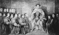 Henry VIII in 1540 handing to Thomas Vicary the Act of Union between the Barbers and Surgeons of London