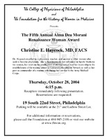 Flyer for the Alma Dea Morani Award ceremony for Christine Haycock