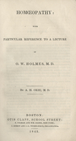 Homœopathy : with particular reference to a lecture by O. W. Holmes, M.D.