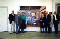 Joseph Murray standing beside the painting &quot;The First Successful Kidney Transplantation&quot;