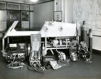 Drinker iron lung and other respiratory devices in a physiology classroom at the Harvard School of Public Health